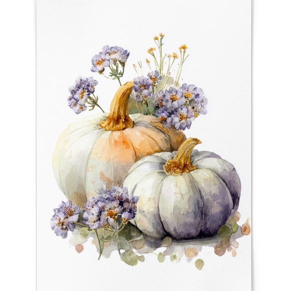Watercolor Pumpkins with Flowers Wall Art Print Unframed - Cozy Autumn Elegance - Picture 2 of 6